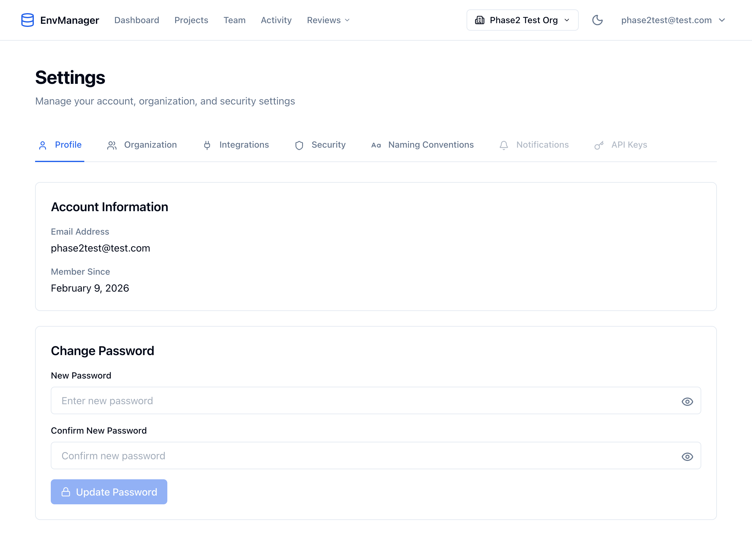 Account Settings - Profile tab showing account information and change password form