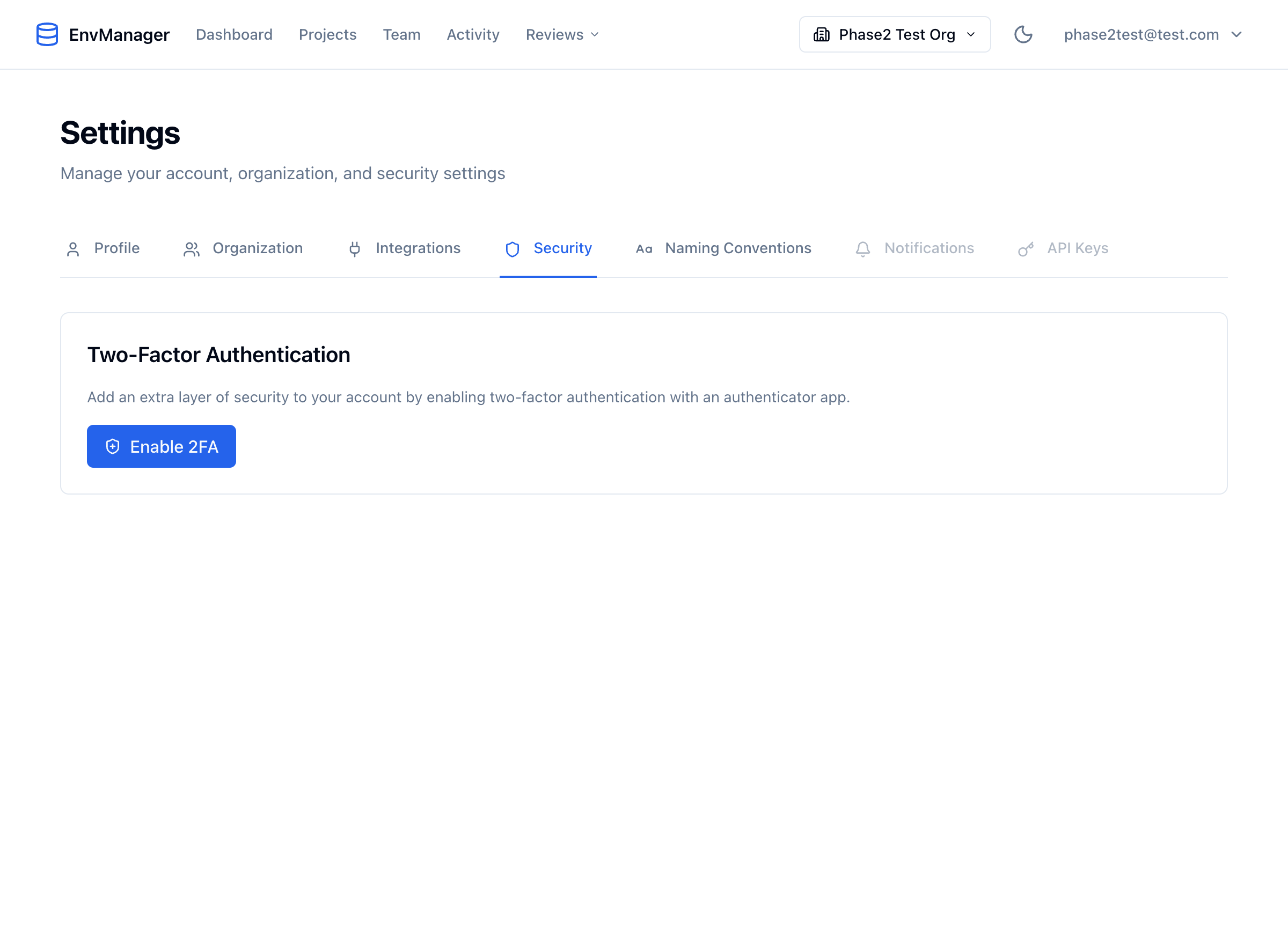Security tab showing the Two-Factor Authentication section