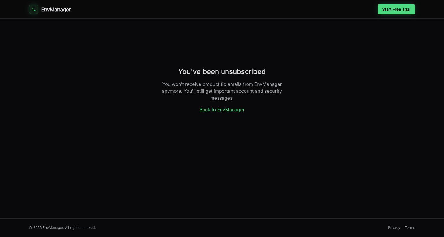 EnvManager unsubscribe confirmation page showing the message "You've been unsubscribed"