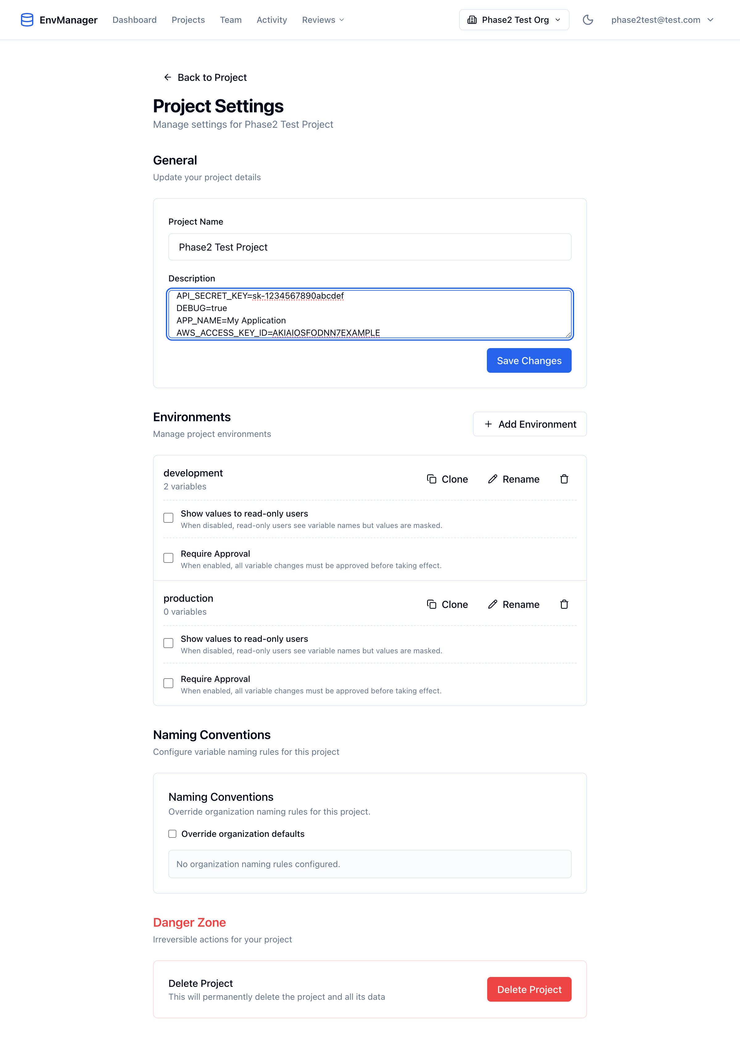 Project Settings page showing the Environments section with Clone, Rename, and Delete options