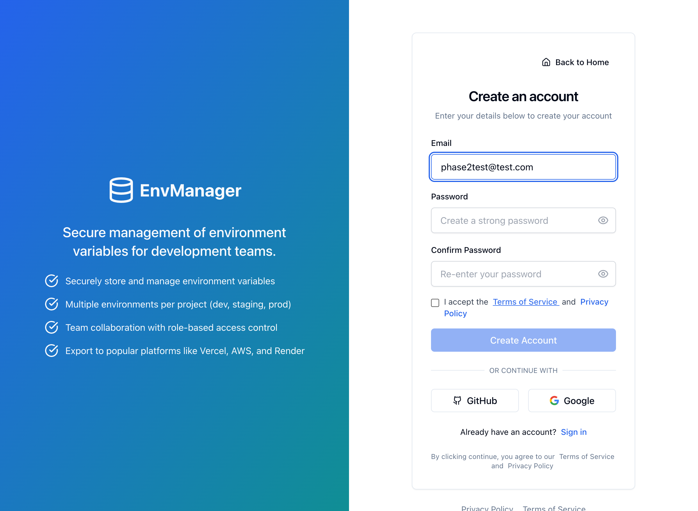 The EnvManager registration page