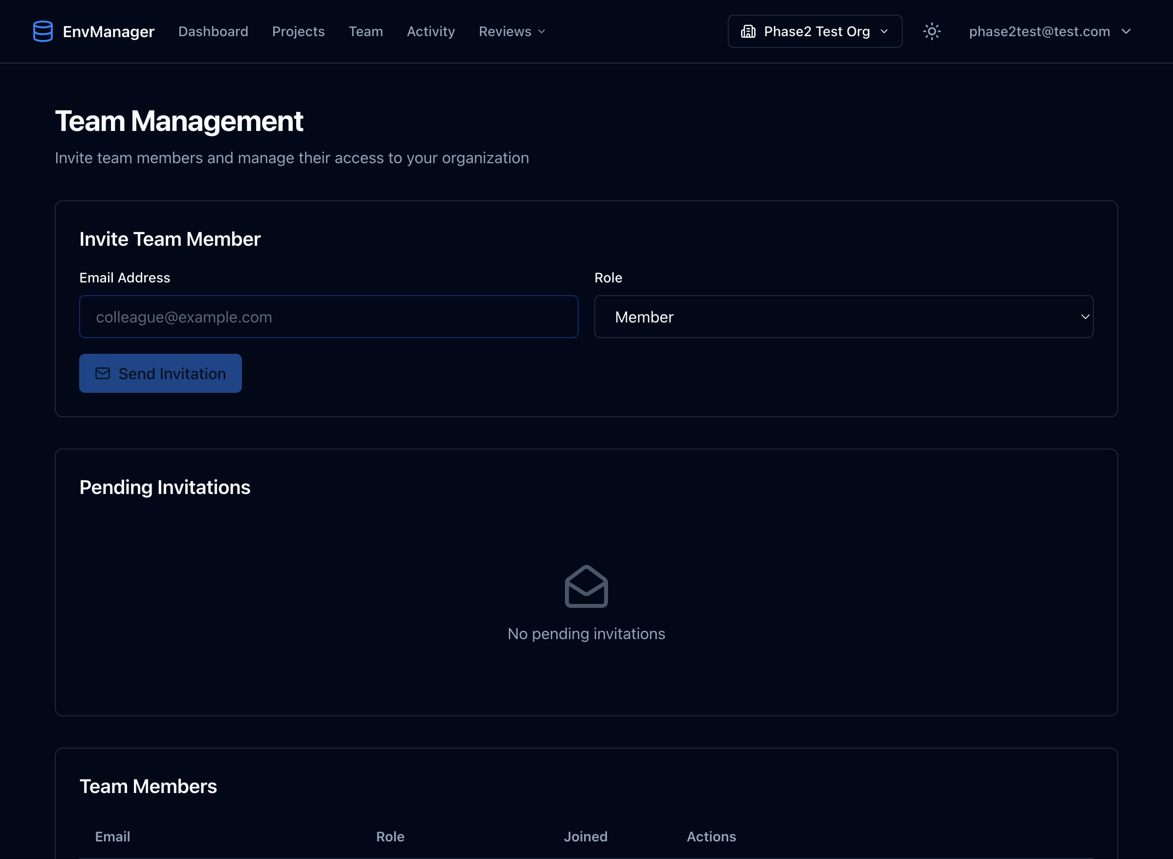 The Team Management page with the invite form and member list