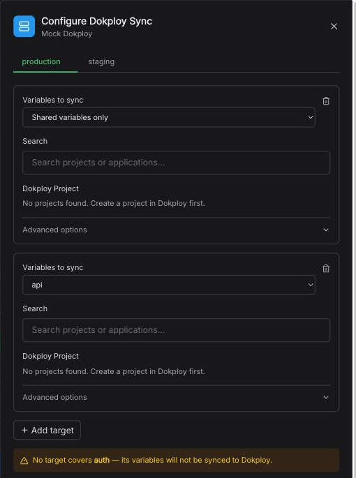 Configure modal with a Shared variables target, an api service target, and a warning that no target covers auth
