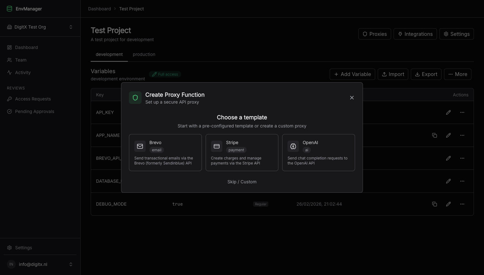 Template selector showing Brevo, Stripe, and OpenAI options