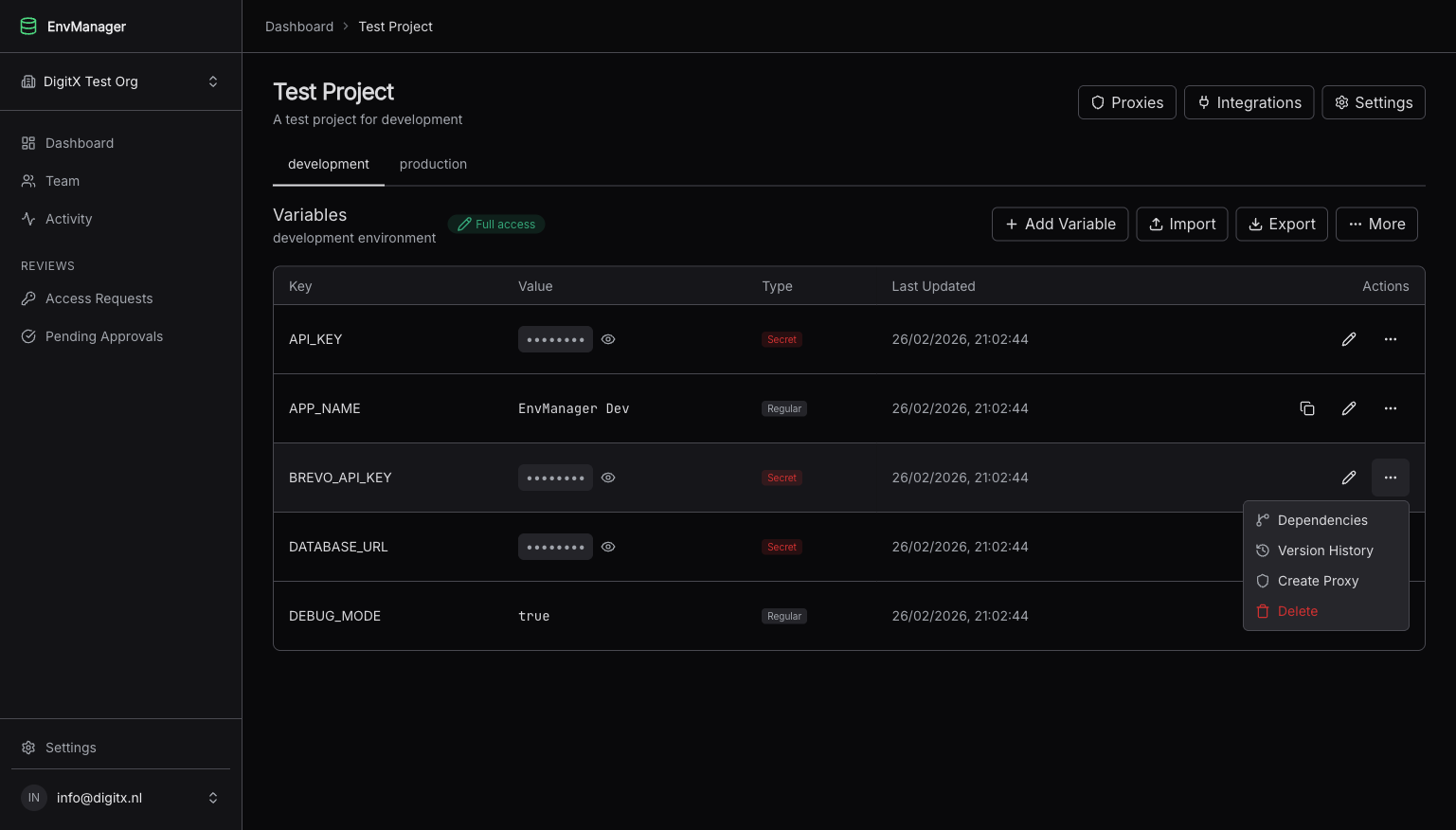 Variable row action menu showing the Create Proxy option