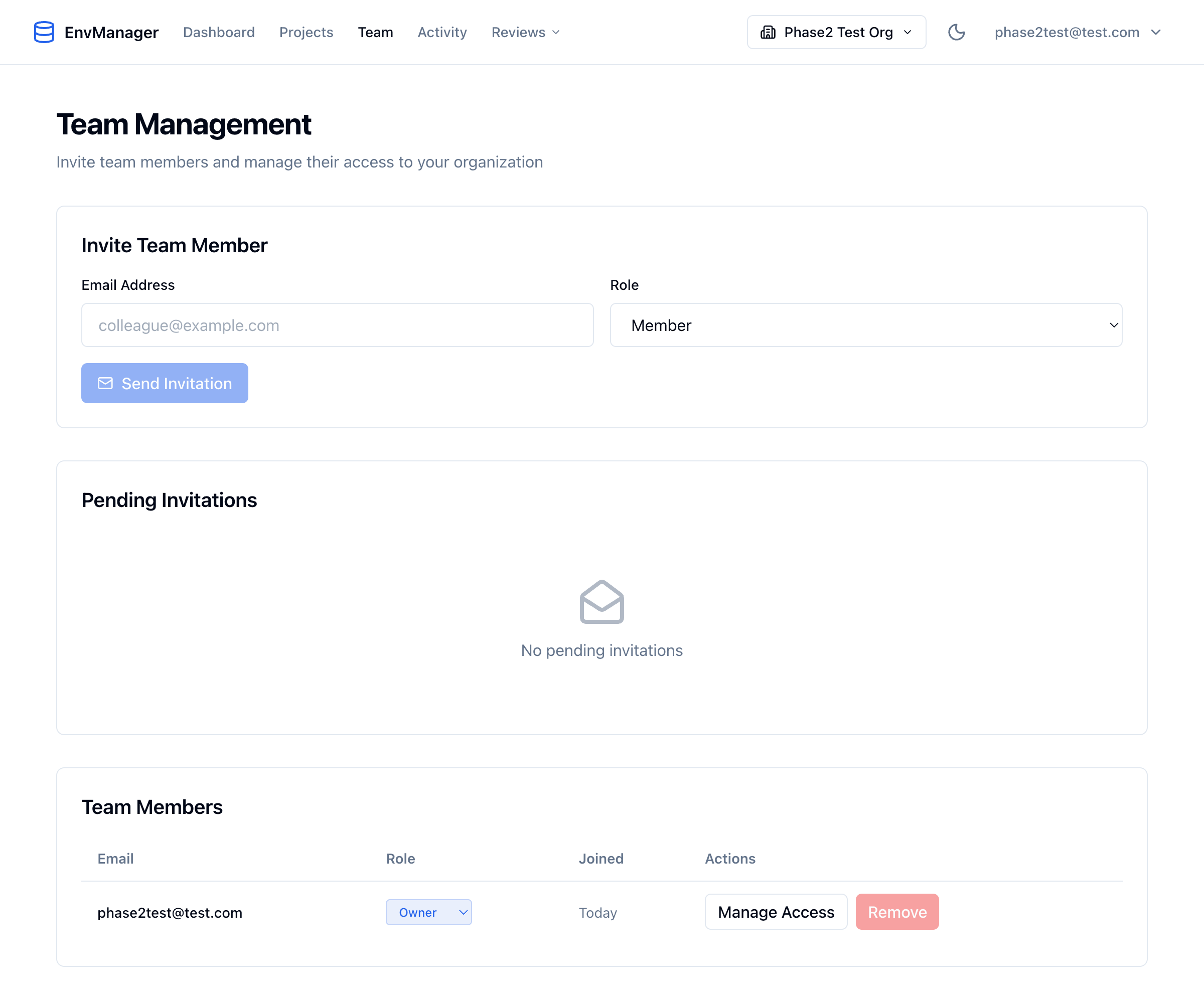 Team Management page showing invite form, pending invitations, and members table