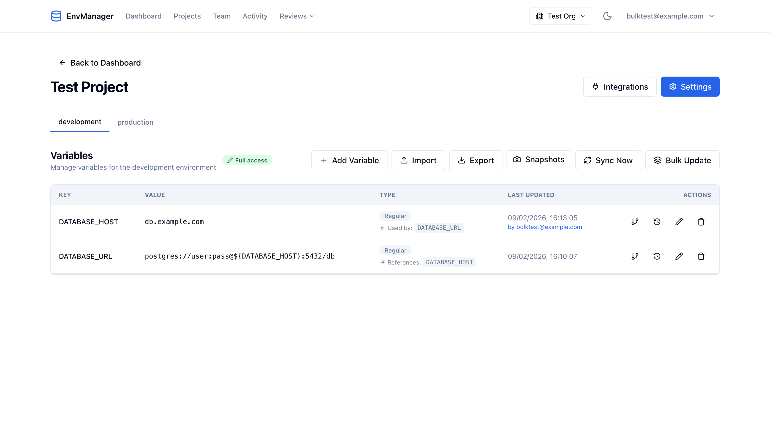 Variable table showing reference badges
