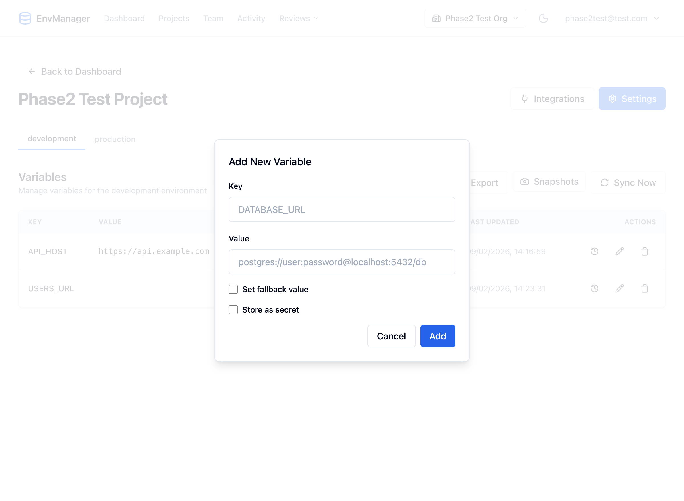 The Add New Variable dialog with fields for key, value, fallback value, and store as secret
