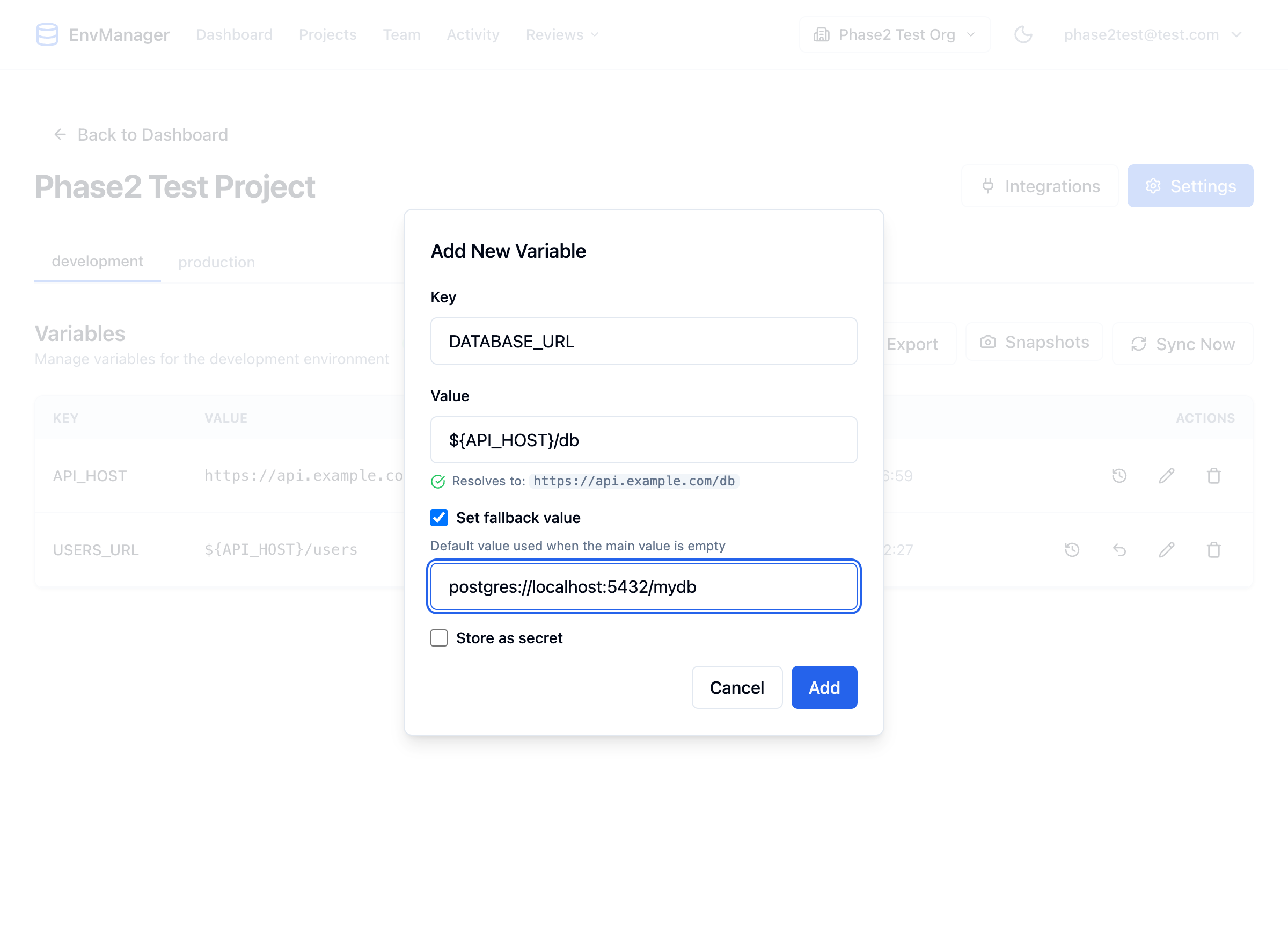 Add New Variable dialog with the Set fallback value checkbox enabled and a fallback value of postgres://localhost:5432/mydb entered