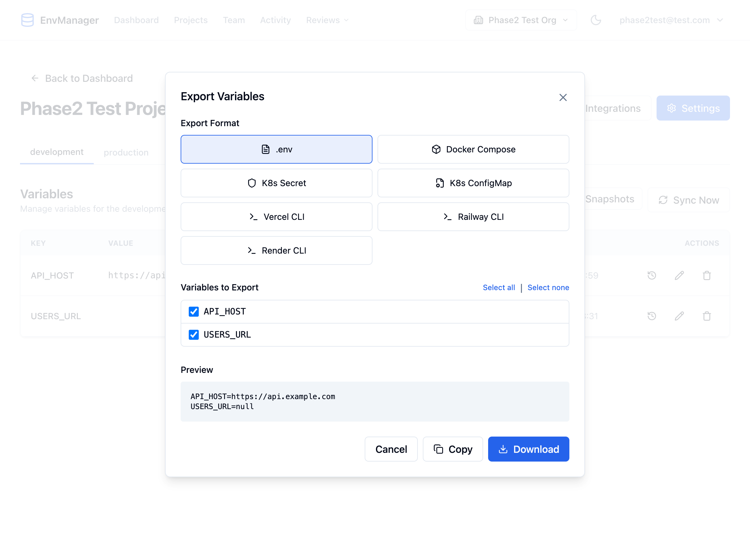 The Export Variables dialog showing format options, variable selection, and a preview of the export
