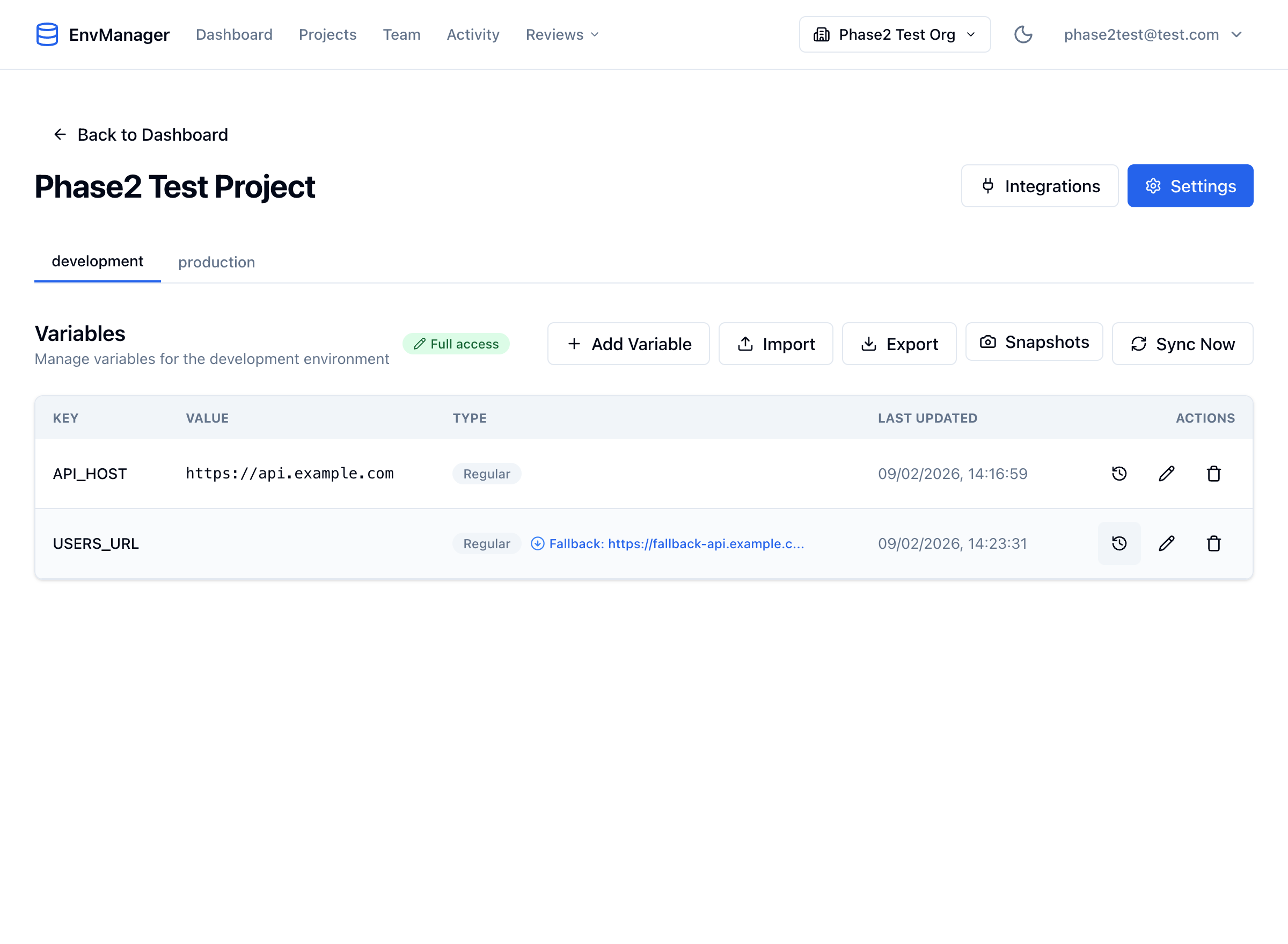 Variables table showing USERS_URL with an active fallback indicator displaying the fallback value in green text