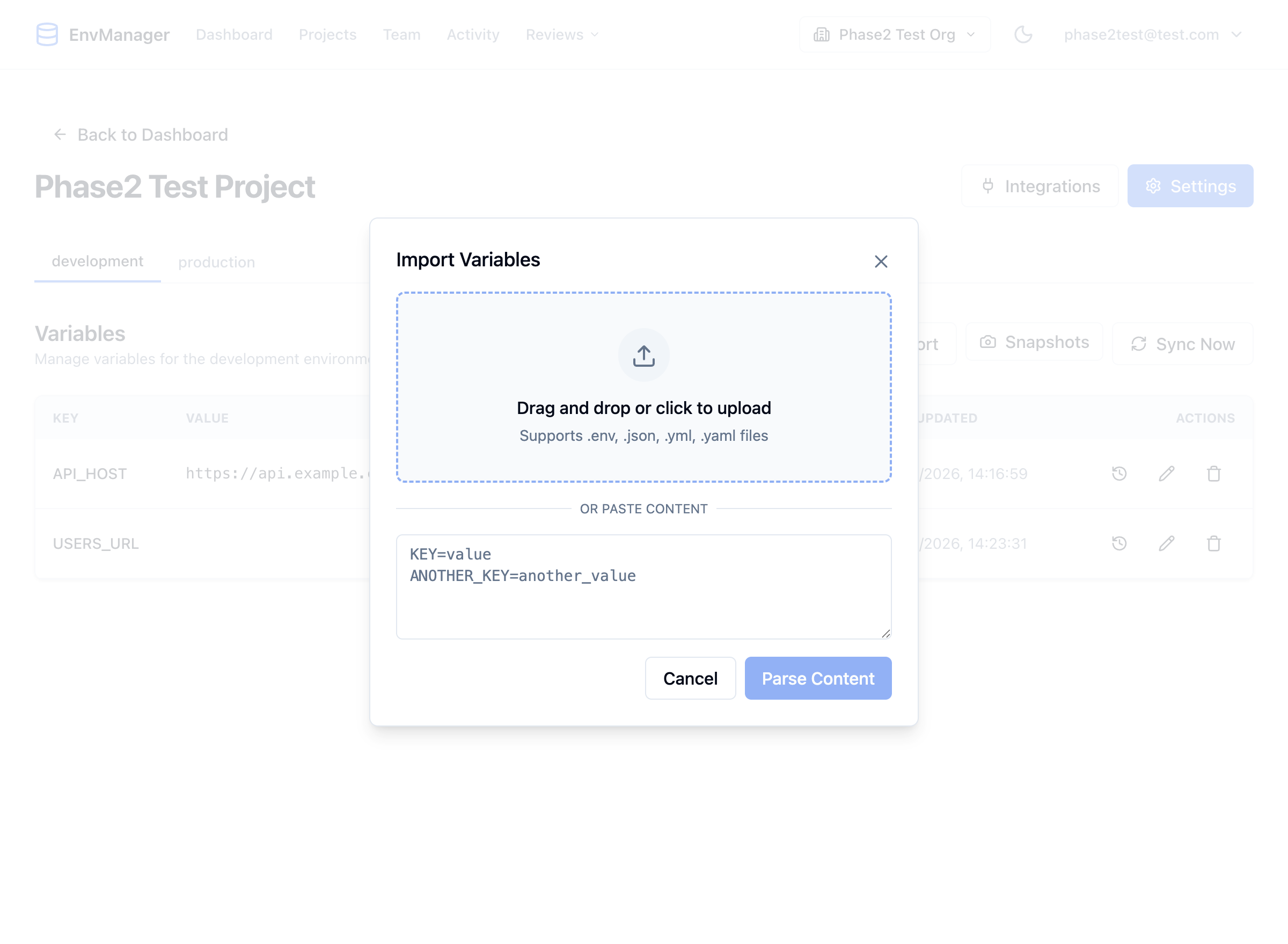 The Import Variables dialog with a drag-and-drop zone and a text area for pasting content