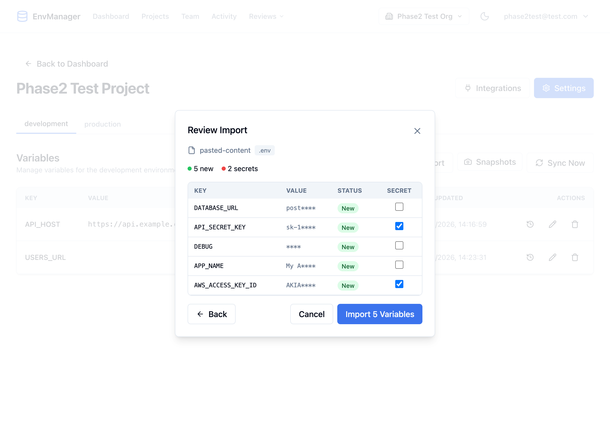 The import preview showing parsed variables with their keys, values, status, and automatic secret detection