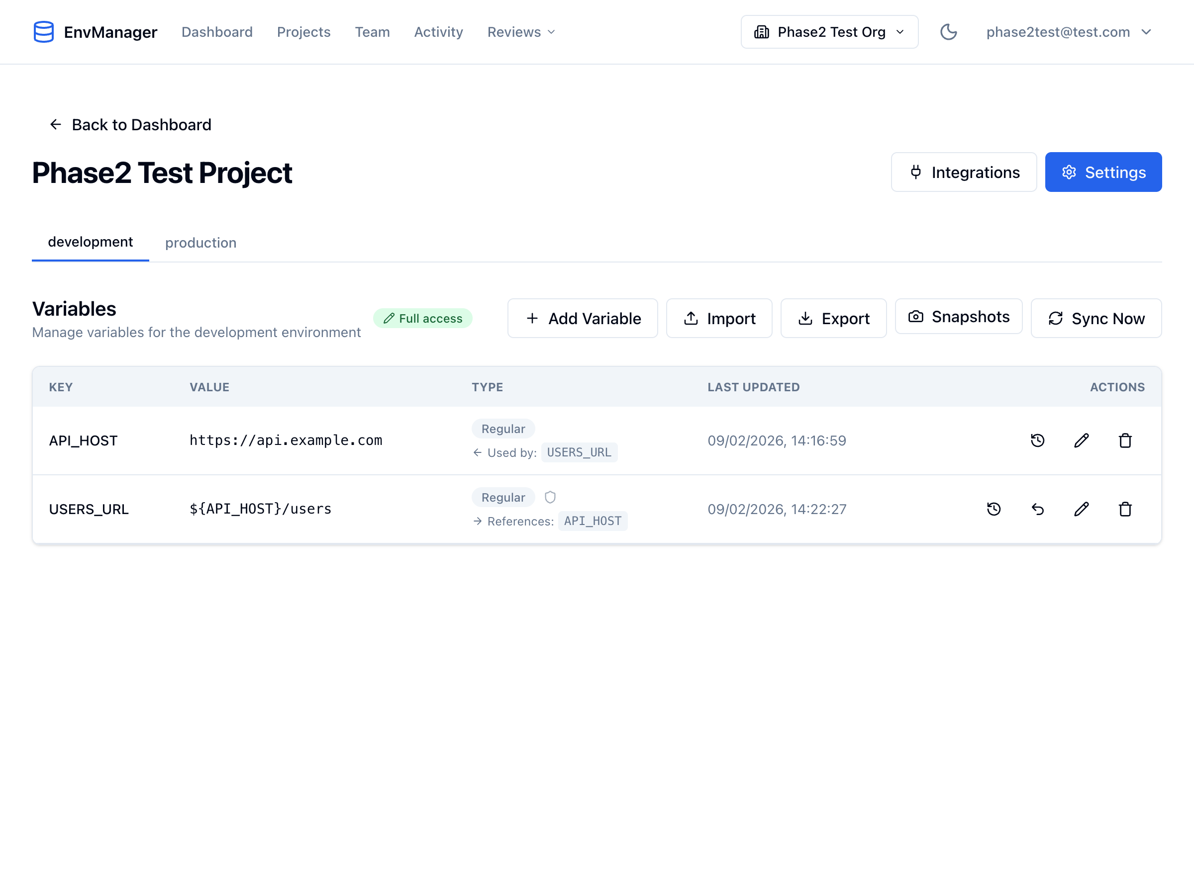 Variables table showing API_HOST with a Used by USERS_URL badge and USERS_URL with a References API_HOST badge