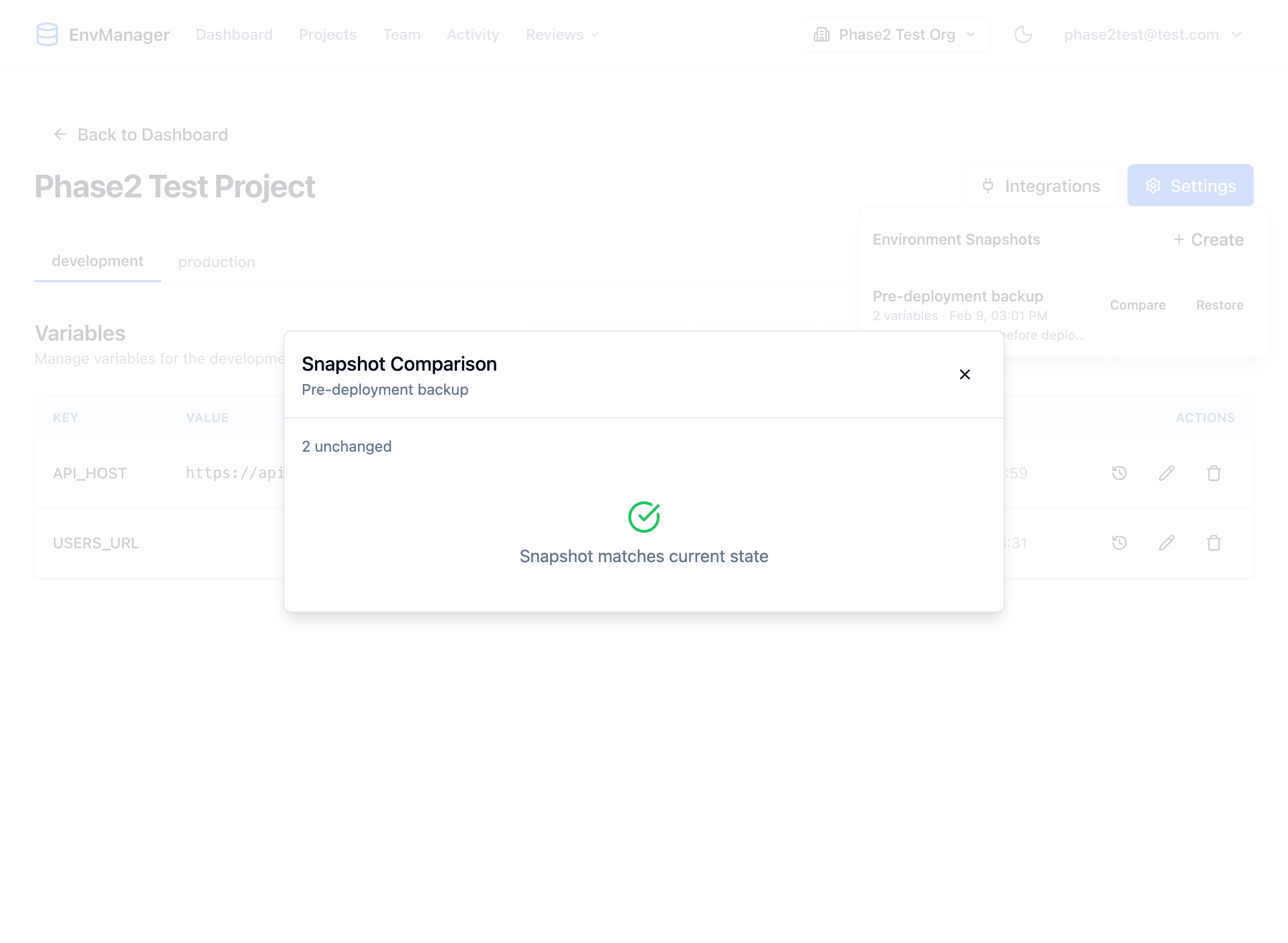 Snapshot Comparison dialog showing Pre-deployment backup with 2 unchanged variables and a green checkmark indicating the snapshot matches the current state