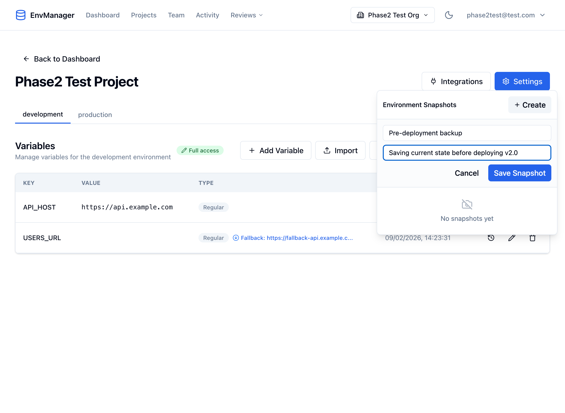 Environment Snapshots panel with a create form showing name Pre-deployment backup and description Saving current state before deploying v2.0