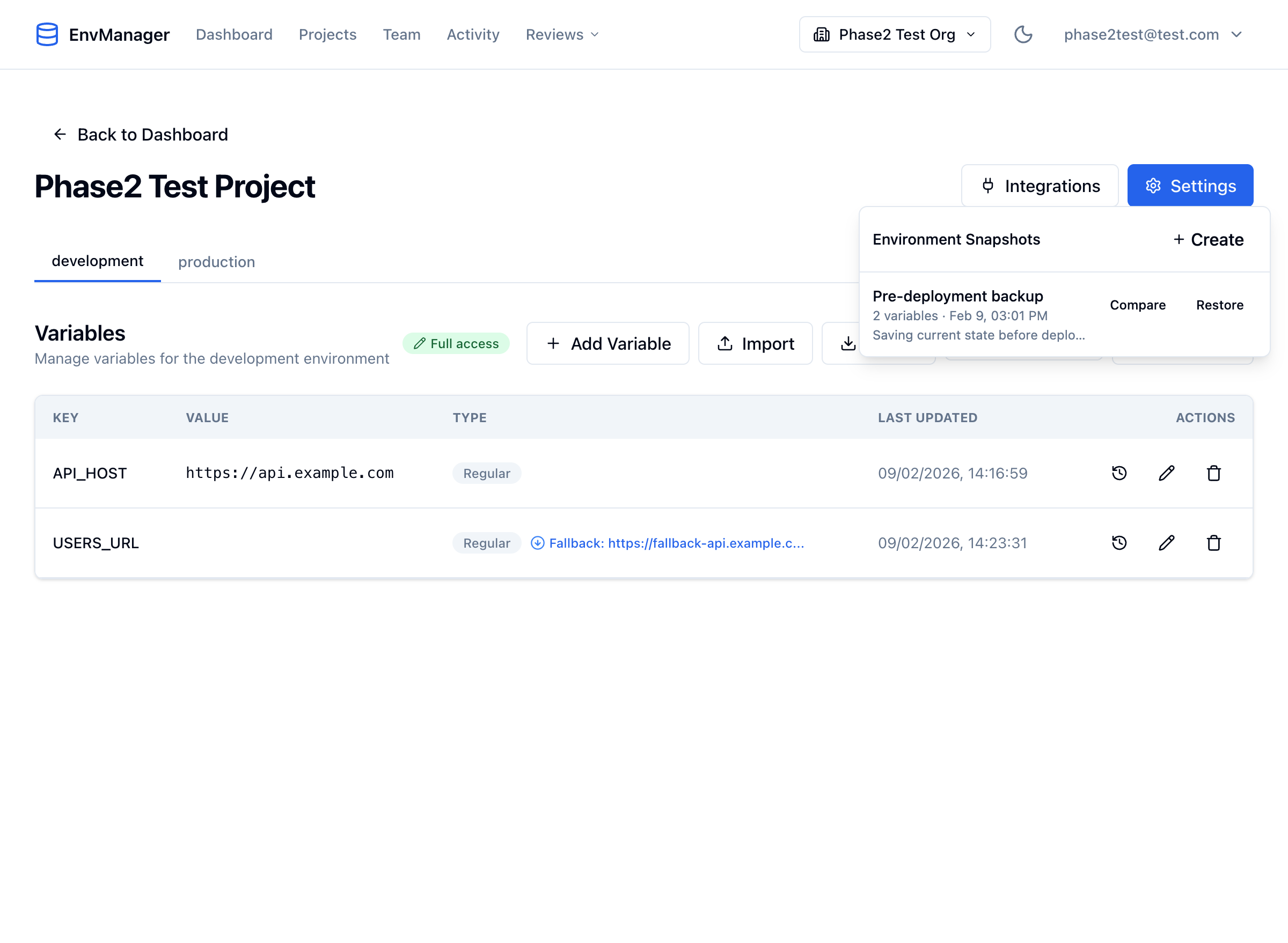 Snapshots panel showing a saved snapshot named Pre-deployment backup with 2 variables, a timestamp, and Compare and Restore buttons