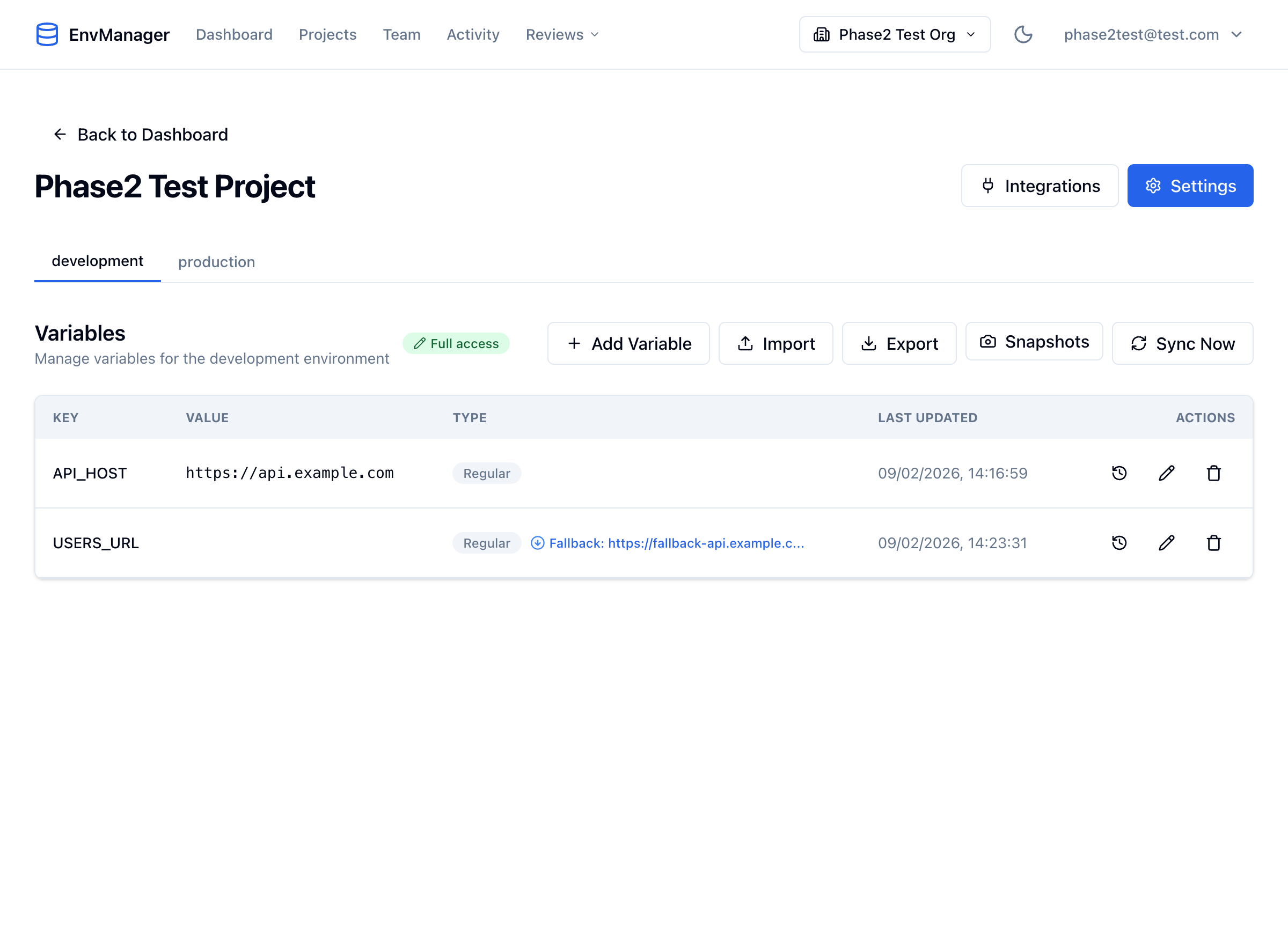 Variables table showing the list of environment variables with their keys, values, types, and action buttons