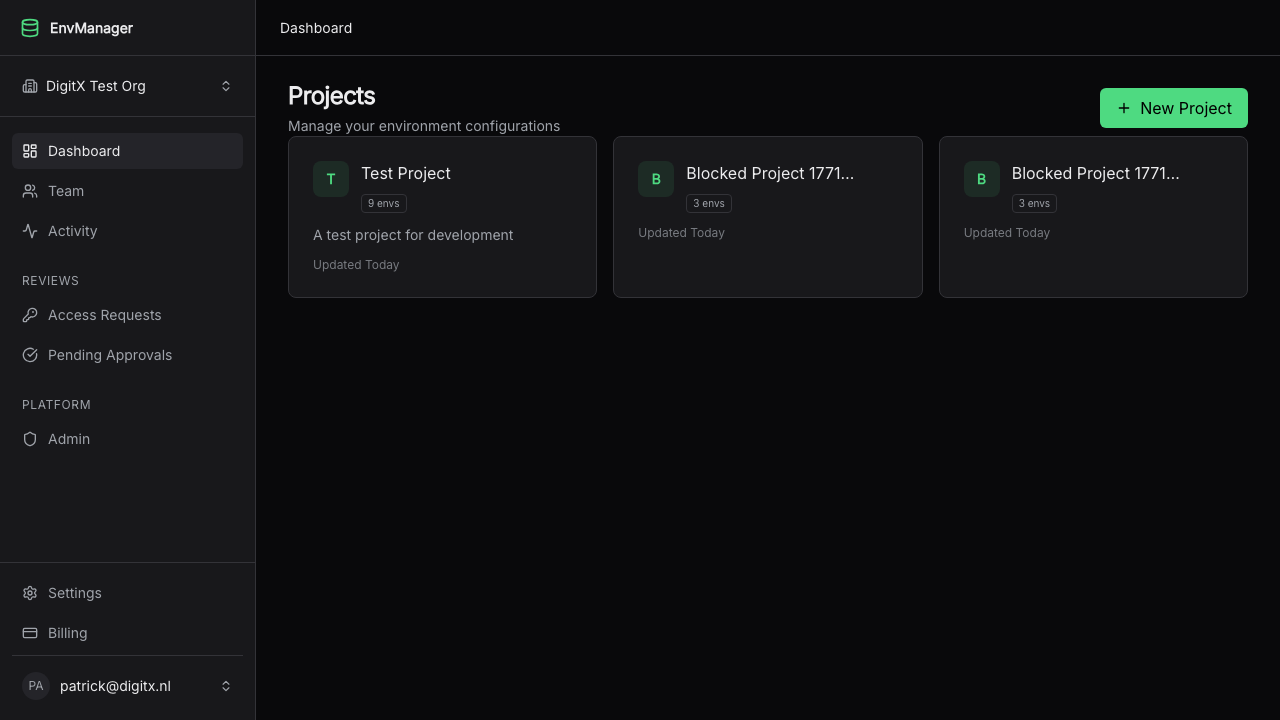 EnvManager Dashboard — manage environment variables across projects and environments